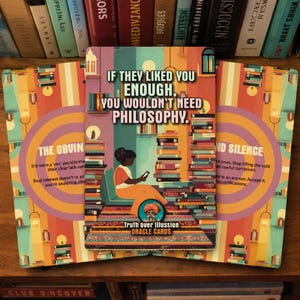 May include: Oracle cards with the text "If They Liked You Enough, You Wouldn't Need Philosophy." The cards feature illustrations of a person reading and stacks of books. The deck is titled "Truth over Illusion Oracle Cards."