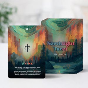 May include: A tarot card deck featuring the "Justice" card with a scale symbol. The card has a colorful landscape background with the text "Northlight Tarot" and the words "Clear | Simple | True". The card also includes text about fairness and accountability.