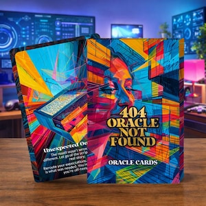 May include: Two oracle card decks with colorful abstract art. One deck features the text "404 Oracle Not Found" and "Oracle Cards." The other deck has the text "Unexpected Ou." The artwork includes a portrait and geometric shapes.