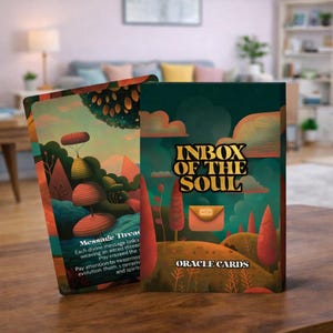 May include: A deck of "Inbox of the Soul" oracle cards. The box is dark green with gold lettering and a stylized landscape. One card is displayed, featuring a colorful landscape with text that reads "Message Thread".