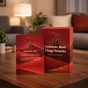 May include: A red card and box set, the "Cosmic Red Flag Oracle," is displayed on a wooden surface. The card features an illustration of two figures holding flags. Text on the card reads "Galactic Ego." The box reads "Cosmic Red Flag Oracle."