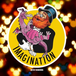 Könnte beinhalten: Ein runder Aufkleber mit einer Cartoon-Illustration eines Mannes mit rotem Bart, der einen schwarzen Zylinder und Anzug trägt und einen kleinen lila Drachen hält. Der Hintergrund ist gelb und das Wort IMAGINATION ist in schwarzen Großbuchstaben gedruckt.