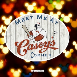 May include: A vintage-style sign with a cartoon baseball player holding a bat. The sign says "Meet Me At Casey's Corner" with a woodgrain background.