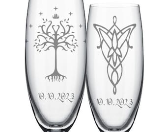 Tree of Gondor Evenstar- Personalized Wedding Champagne Flutes -Set of 2 glasses for toasting/bride  gifts -Wedding Registry