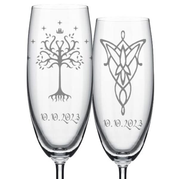 Tree of Gondor Evenstar- Personalized Wedding Champagne Flutes -Set of 2 glasses for toasting/bride  gifts -Wedding Registry