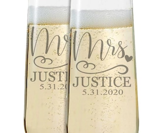 Personalized Engraved Stemless Wedding Champagne Flutes for Bride and Groom Mr. and Mrs.