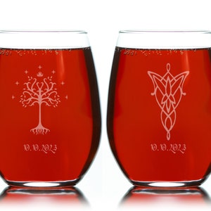 Tree of Gondor and Evenstar - Personalized Wedding Stemless Wine Glasses -Set of 2 glasses for bride and groom gifts -Wedding Registry