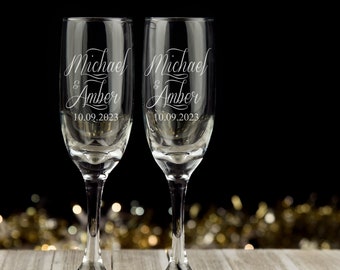 Personalized Wedding Champagne Flutes -Set of 2 glasses for toasting/bride and groom gifts -Wedding Registry By Brides Name, Wedding Gift