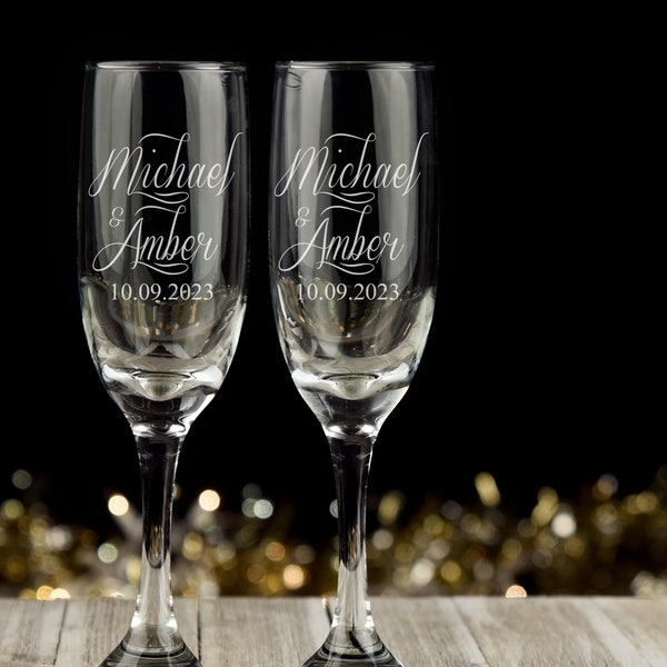 Personalized Wedding Champagne Flutes -Set of 2 glasses for toasting/bride and groom gifts -Wedding Registry By Brides Name, Wedding Gift