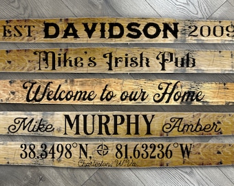 May include: Five wooden signs with black text. The top sign reads "EST DAVIDSON 2009". The second sign reads "Mike's Irish Pub". The third sign reads "Welcome to our Home". The fourth sign reads "Mike MURPHY Amber". The bottom sign reads "38.3498°N, 81.63236°W Charleston, W.Va".