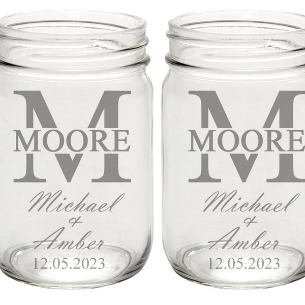 Split Font Monogrammed - Personalized Wedding Mason Jars -Set of 2 glasses for toasting/bride and groom gifts -Wedding Registry Anniversary