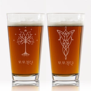Tree of Gondor Evenstar - Personalized Wedding Beer Pint Glasses -Set of 2 glasses for bride and groom gifts -Wedding Registry