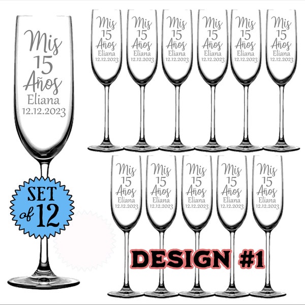 Mis Quince Años Copas Brindis Champagne Flutes - Set of 12 - Quinceañera Birthday Party