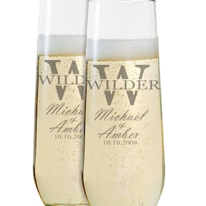 Personalized Stemless Engraved Wedding Champagne Flutes for Split Font