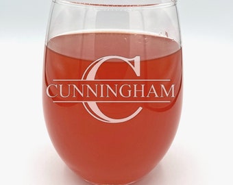 Personalized Engraved Stemless Wine Glass with Last Name and Date "Split Font"