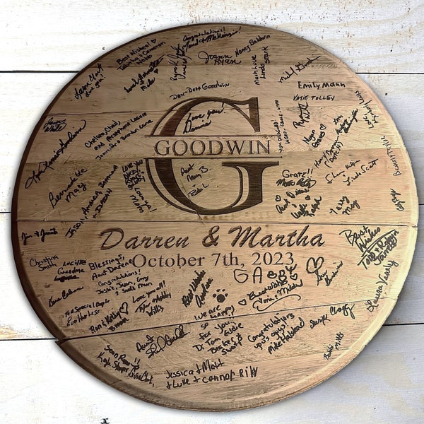 Engraved Wedding Sign Guest Book Bourbon Barrell Head, Personalized, monogrammed, Whisky Lid