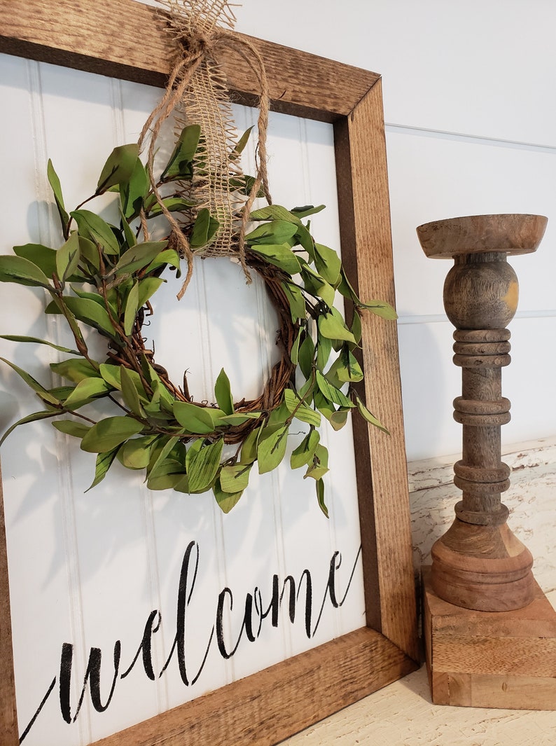Welcome with greenery wreath Wood Framed Farmhouse Sign | Etsy