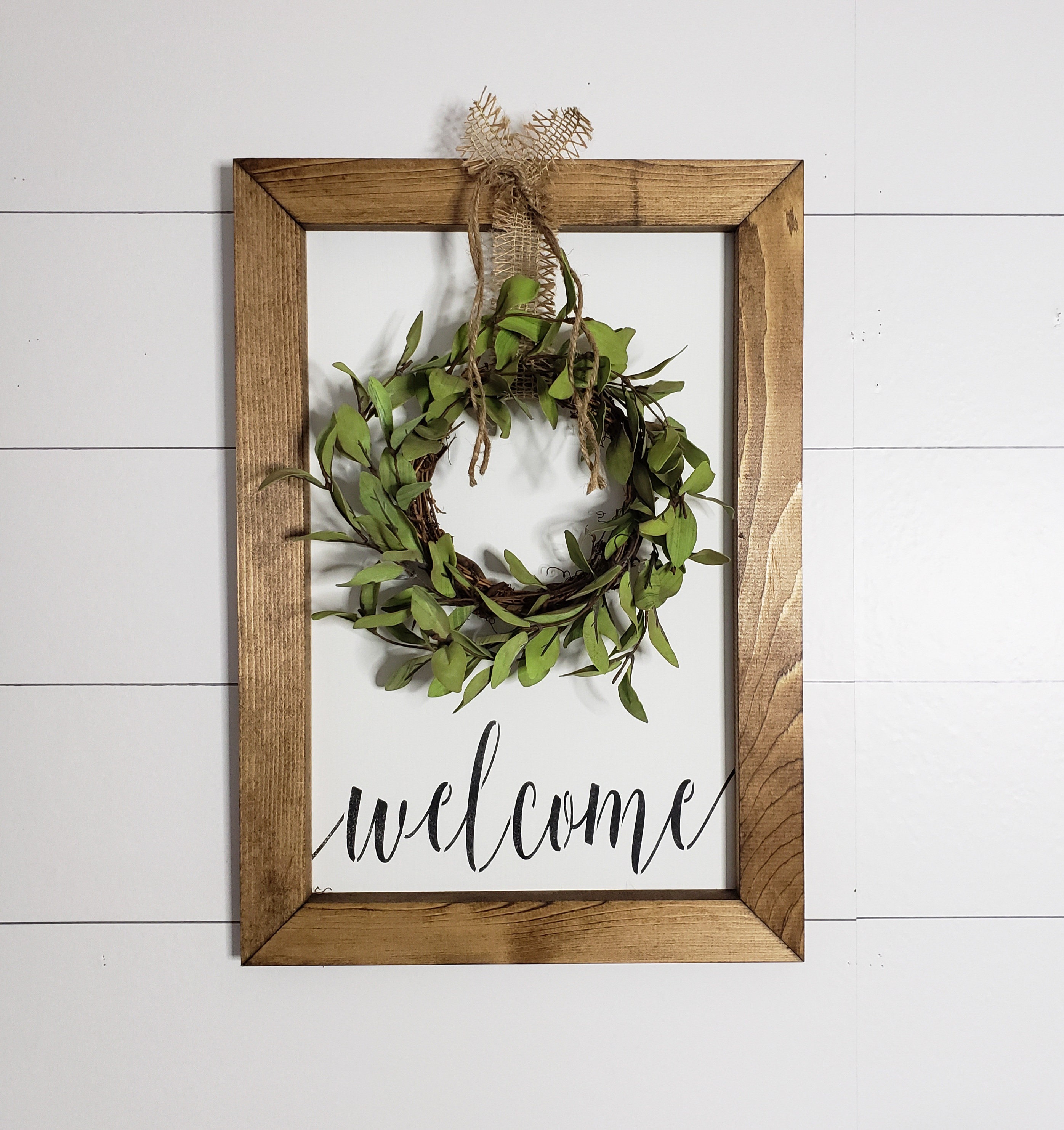 Welcome With Greenery Wreath Wood Framed Farmhouse Sign | Etsy