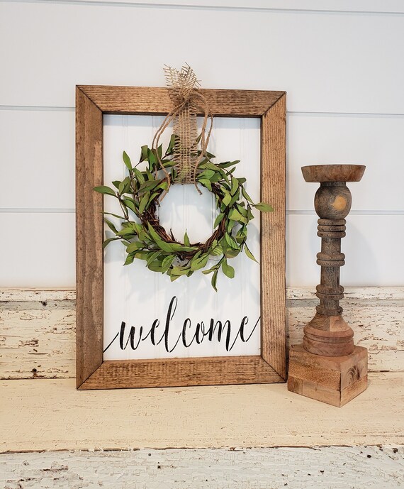 Welcome with greenery wreath Wood Framed Farmhouse Sign | Etsy
