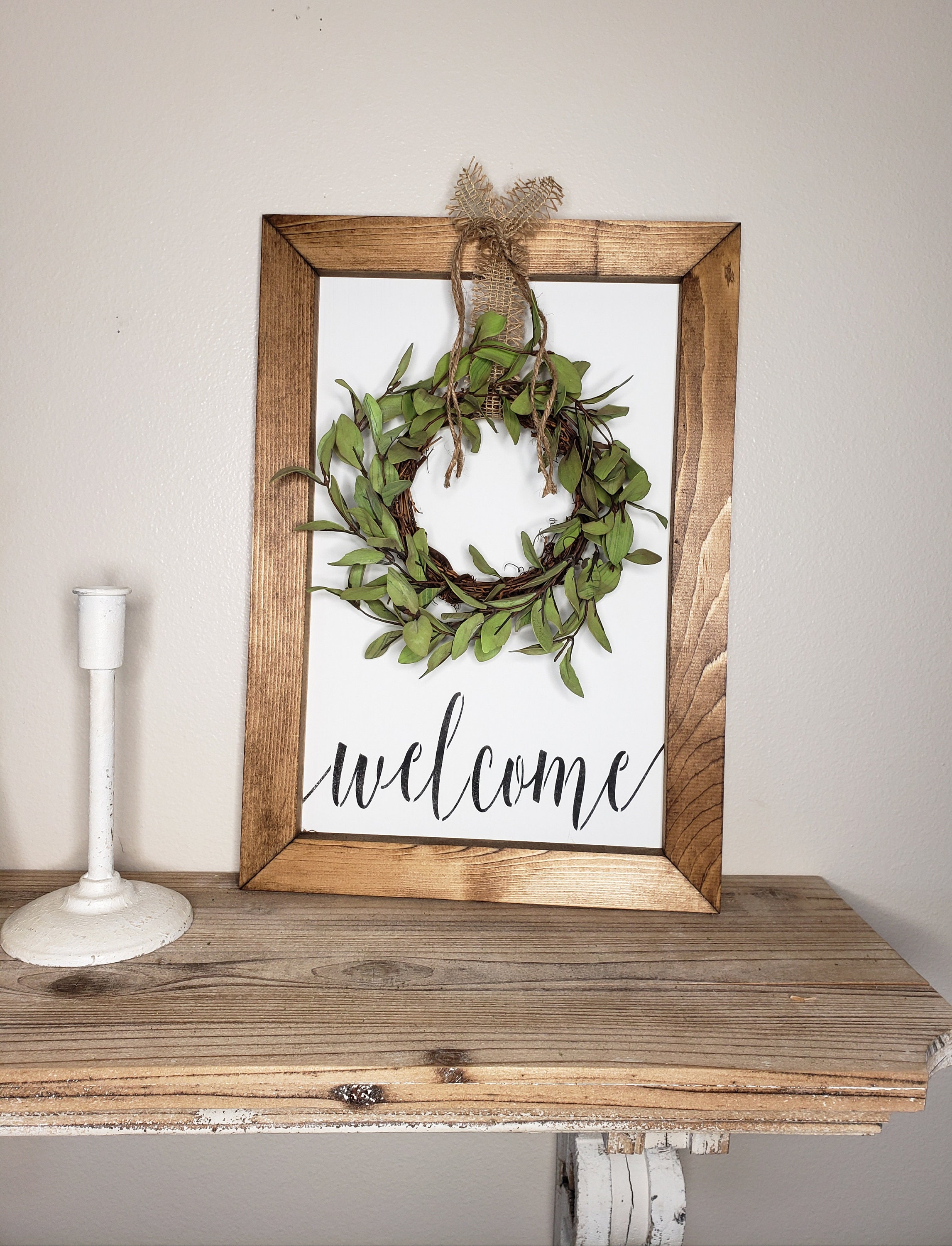 Welcome With Greenery Wreath Wood Framed Farmhouse Sign | Etsy