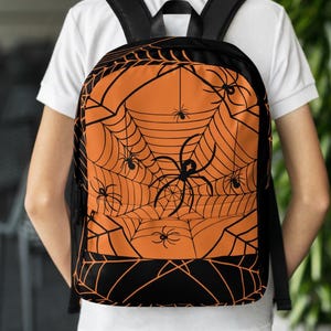 Halloween Spider Web Backpack | Orange & Black Scary Spider Design | Spooky School Bag | Laptop Travel Backpack | Gift for Halloween Lovers