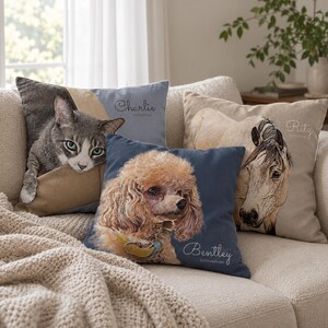 May include: Three square throw pillows featuring custom pet portraits. One pillow shows a gray cat with the name Charlie, one shows a brown poodle with the name Bentley, and one shows a horse with the name Ritz. Each pillow has a unique color scheme.