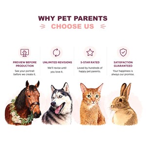 May include: An infographic titled WHY PET PARENTS CHOOSE US featuring four icons and text descriptions for preview, revisions, ratings, and satisfaction. Below are watercolor-style illustrations of a horse, a husky dog, a cat, and a rabbit.