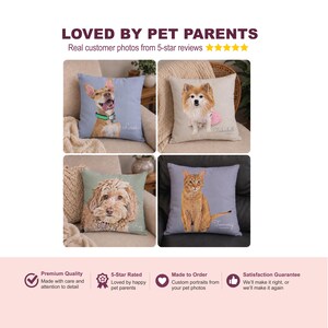 May include: Four square throw pillows featuring custom pet portraits. The top left is light blue with a tan dog, top right is beige with a fluffy tan dog, bottom left is sage green with a curly-haired dog, and bottom right is grey with an orange cat.