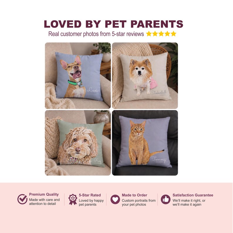 May include: Four square throw pillows featuring custom pet portraits. The top left is light blue with a tan dog, top right is beige with a fluffy tan dog, bottom left is sage green with a curly-haired dog, and bottom right is grey with an orange cat.