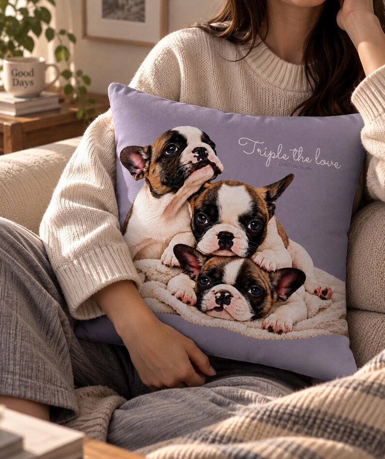 May include: A square lavender throw pillow featuring a printed graphic of three French Bulldog puppies stacked on top of each other on a white blanket. The text Triple the love is printed in white cursive script in the upper right corner.