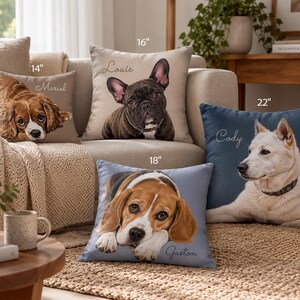 May include: Four square throw pillows featuring realistic dog portraits and names. The 14-inch pillow shows a brown spaniel named Marcel, the 16-inch pillow a black French bulldog named Louie, the 18-inch pillow a beagle named Gaston, and the 22-inch pillow a white dog named Cody.