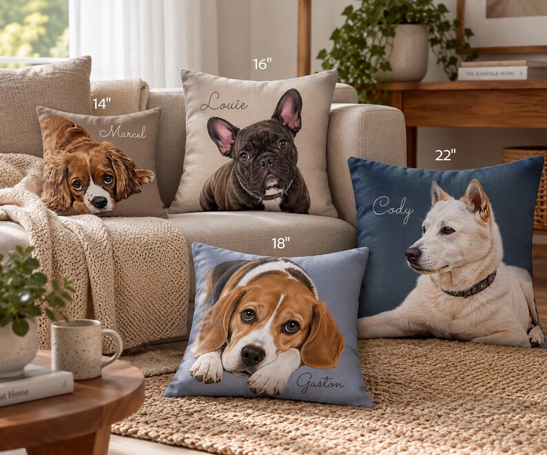 May include: Four square throw pillows featuring realistic dog portraits and names. The 14-inch pillow shows a brown spaniel named Marcel, the 16-inch pillow a black French bulldog named Louie, the 18-inch pillow a beagle named Gaston, and the 22-inch pillow a white dog named Cody.
