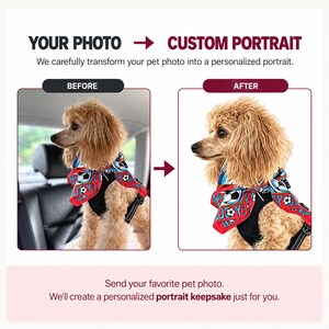 May include: A side-by-side comparison showing a photograph of a brown poodle wearing a red, blue, and white soccer-themed bandana and black harness, followed by a digital illustration of the same dog, with text reading YOUR PHOTO CUSTOM PORTRAIT.