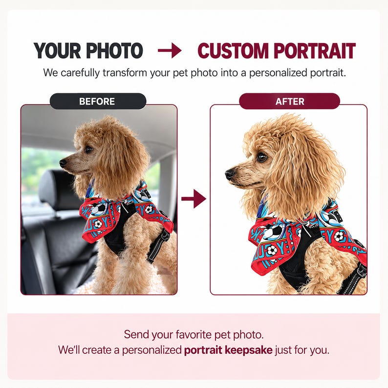 May include: A side-by-side comparison showing a photograph of a brown poodle wearing a red, blue, and white soccer-themed bandana and black harness, followed by a digital illustration of the same dog, with text reading YOUR PHOTO CUSTOM PORTRAIT.