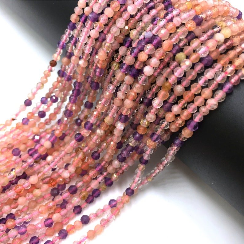 15.5 Natural Amethyst Micro-faceted Pink Quartz Round Beads Gemstone Strawberry Quartz Beads Tiny Cut Faceted Beads 2 mm 3 mm Bulk Lot Bead