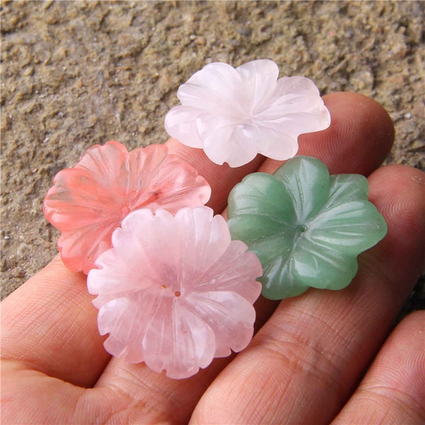 4 pièces 28 mm Pierres précieuses sculptées Fleurs naturelles Vert Aventurine Rose Quartz Blanc Jade Stone Craft Flower Pendentif pour diy making jewelry