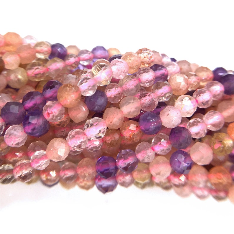 15.5 Natural Amethyst Micro-faceted Pink Quartz Round Beads Gemstone Strawberry Quartz Beads Tiny Cut Faceted Beads 2 mm 3 mm Bulk Lot Bead