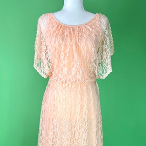 Vintage 70s Peach Lace Goddess Dress - Size Small | Vintage Peach Bridesmaid Dress | Flowy Peach Maxi Dress with Lace Split Sleeves