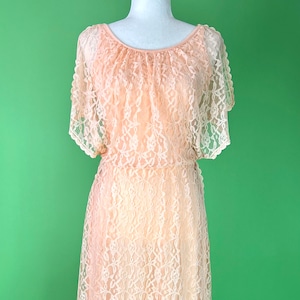 Vintage 70s Peach Lace Goddess Dress - Size Small | Peach Maxi Dress with Lace Split Sleeves | Vintage Flowy Peach Bridesmaid Dress