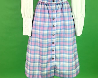 Vintage 80s Pastel Plaid Button Up Skirt - Size XXS, Spring Academia Schoolgirl