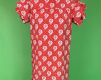 Vintage Red and White Floral Mini Dress with Ruffled Sleeves - Size XS