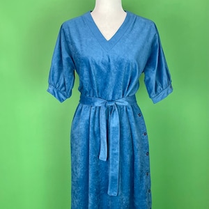 Vintage 70s Dusty Blue Suedecloth Dress - Size Small | Vintage 70s Blue Velour Dress | 70s Secretary Dress