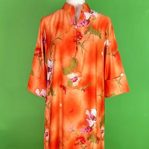 Vintage David Brown Orange Floral Hostess Dress - Size M/L | 70s Orange Dressing Gown | Vintage House Gown Loungewear Hippie Cult Dress