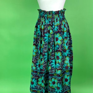 Vintage Blue Floral Block Print Cotton Skirt with Bunched Waist - Size S/M/L | Vintage Flower Power Hippie Skirt