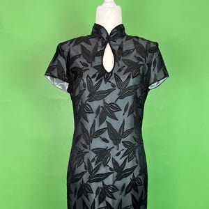 Vintage 90s Black and Pastel Blue Burnout Devore Cheongsam Dress - Size XS | Vintage 90s Whimsigoth Black Leafy Dress Mandarin Collar