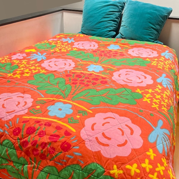 RARE Vintage Marimekko Onni Comforter - Full/Queen | Vintage Marimekko Orange Floral Bedspread | Marimekko Bedding | Spring Floral Bedding