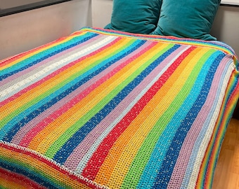 Vintage Rainbow Afghan Bedspread Blanket - Full / Queen Size | Rainbow Bedspread | Rainbow Blanket | Grannycore Kidcore Nostalgic Blanket
