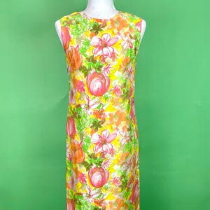 Vintage 1960s Bright Floral Silk Dress - Size XS | Spring Floral Cocktail Dress | Pink Orange Green and Yellow Floral Dress