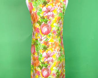 Vintage 1960s Bright Floral Silk Cocktail Dress - Size XS