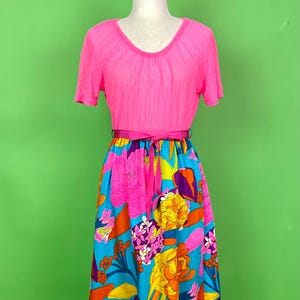 Vintage 60s Bright Bold Floral Maxi Dress with Neon Pink Bodice - Size Medium | Vintage Neon Hawaiian Floral Dress 60s Hostess Dress